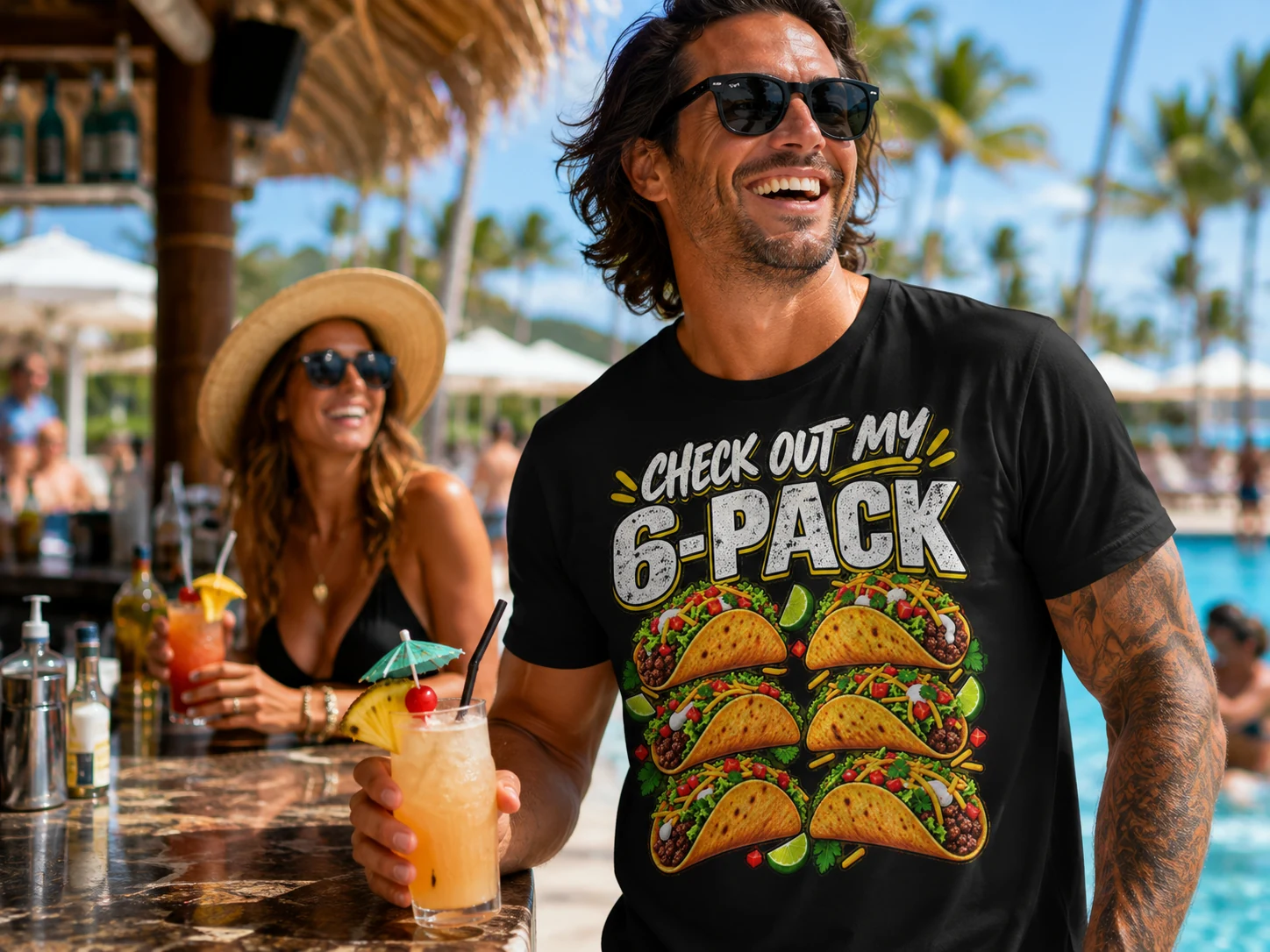 Your Vacation Shirts Suck Man wearing a taco graphic shirt at a tropical pool bar